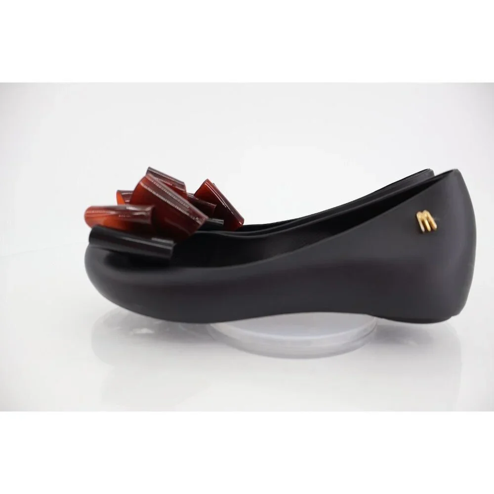 Melissa Girl Ultragirl Triple Bow Flats Matte Black Tortoiseshell Bow Size 2